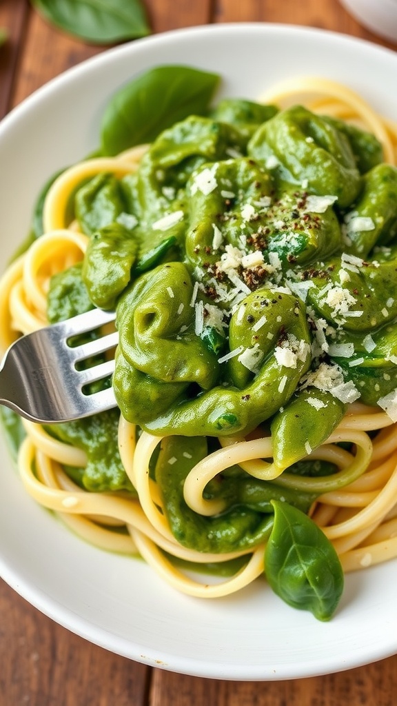 Fettuccine pasta topped with creamy spinach sauce and garnished with Parmesan cheese.